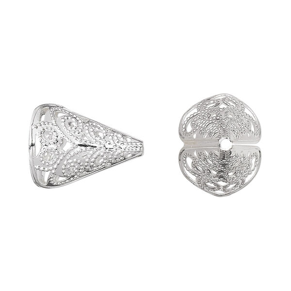 Cone, silver-plated brass, 16mm fancy filigree, 13x10mm inside diameter. Sold per pkg of 100. image number 0