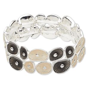Bracelet, stretch, epoxy and silver-finished "pewter" (zinc-based alloy), dark grey and cream, 23mm wide with circle design, 6 inches. Sold individually.