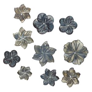 Focal and component mix, mother-of-pearl shell (dyed), steel blue and grey, 12-25mm hand-carved flower, Mohs hardness 3-1/2. Sold per pkg of 10.