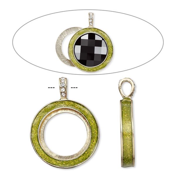 Pendant, Almost Instant Jewelry®, epoxy / crystals / gold-finished "pewter" (zinc-based alloy), peridot green and crystal clear with glitter, 45x35mm single-sided with 30mm round setting. Sold individually. image number 0
