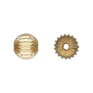 Bead, gold-plated brass, 11.5mm corrugated round. Sold per pkg of 10.