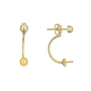 Earstud 1pkg2 sterling silver, 20mm / 4mm cup / 2-4mm peg / 4mm half-ball / 6-10mm round setting / backlobe / earnuts,  gold-finished 1 pair