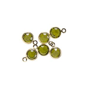 Drop, glass rhinestone and gold-finished brass, peridot green, 6-6.5mm faceted round. Sold per pkg of 6.