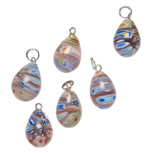 Drop mix, millefiori glass and silver-finished steel 1pkg6, translucent purple and multicolored, 20x12mm-22x13mm teardrop.