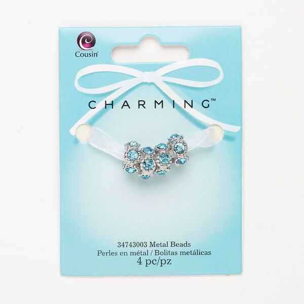 Brass / glass rhinestone 1pkg4, beaded rondelle bead silver-finished / teal blue 12x6mm image number 0
