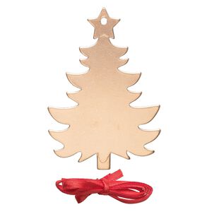 Ornament, ImpressArt®, copper and polyester, 2-7/8 x 2 inch holiday tree with ribbon. Sold per pkg of 2.