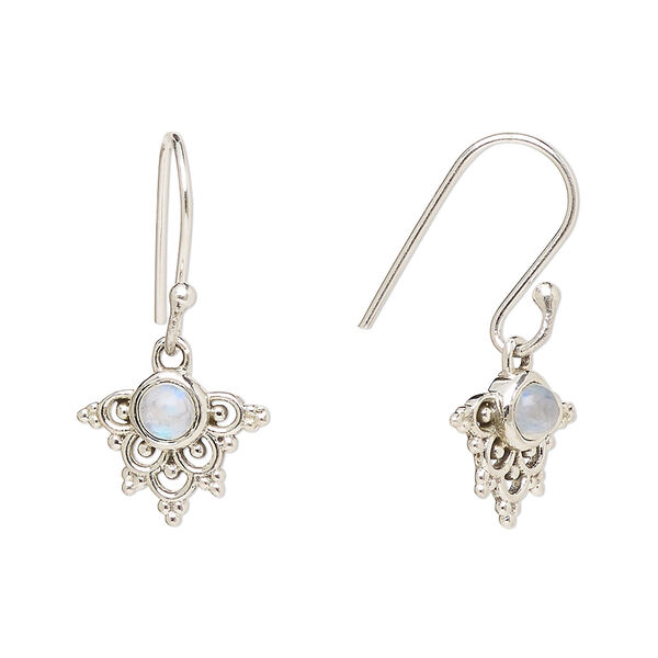 Ear wire, Create Compliments®, antiqued sterling silver and rainbow moonstone (natural), fishhook, 24.5mm with 13x11mm single-sided beaded fancy arrowhead, 21 gauge. Sold per pair. image number 0