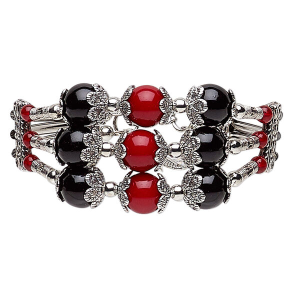 Bracelet, 3-strand, glass / silver- / antique silver-plated steel / "pewter" (zinc-based alloy), red and black, 31mm wide with 24x8mm feather dangle, 6-1/2 inches with 1-1/2 inch extender chain and lobster claw clasp. Sold individually. image number 0