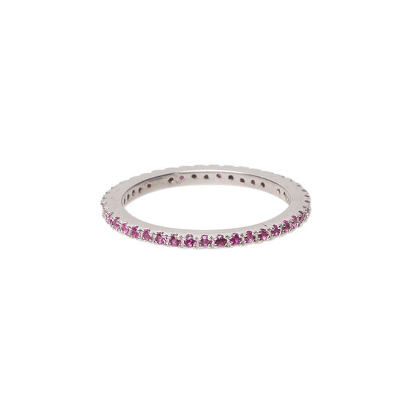 Ring, cubic zirconia and rhodium-plated sterling silver, pink, 2mm wide eternity band, size 7. Sold individually. image number 0