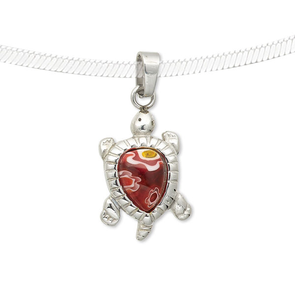 Pendant, millefiori glass and stainless steel, red and white, 20x15mm turtle. Sold individually. image number 0