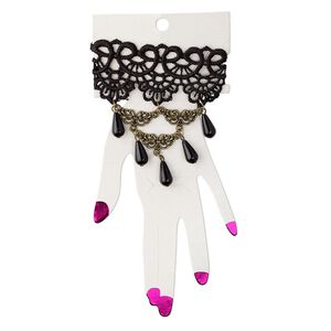 Bracelet, nylon / acrylic / antique brass-plated steel / "pewter" (zinc-based alloy), black, 36mm wide with 2-inch drape length and teardrop, 6-1/2 inches with 2-1/4 inch extender chain and lobster claw clasp. Sold individually.