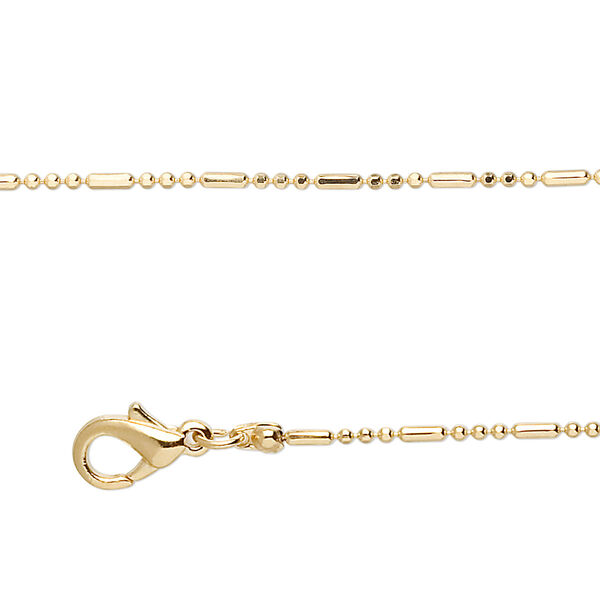 Chain, gold-finished brass, 1mm 3+1 bead, 18 inches with 1-inch extender chain and lobster claw clasp. Sold per pkg of 4. image number 0