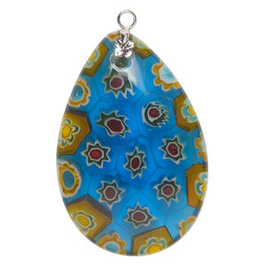 Focal 1pkg1 millefiori glass and silver-finished steel, translucent multicolored, 46x30mm-48x32mm puffed teardrop.