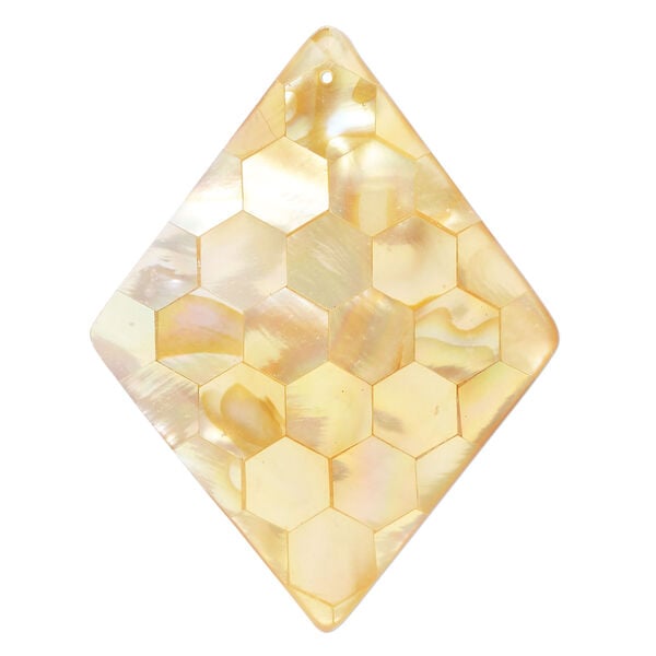 Focal, gold lip shell / mother-of-pearl shell / resin (assembled) 1pkg1, 58x42mm-60x45mm top-drilled 1sided diamond with honeycomb pattern. image number 0