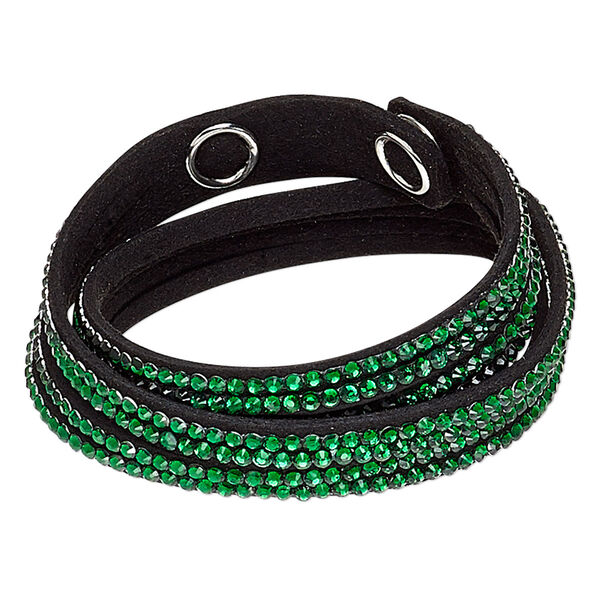 Bracelet, 4-strand wrap, acrylic rhinestone / faux suede / imitation rhodium-plated brass, black and green, 13mm wide, adjustable at 6 and 6-1/2 inches with snap closure. Sold individually. image number 0