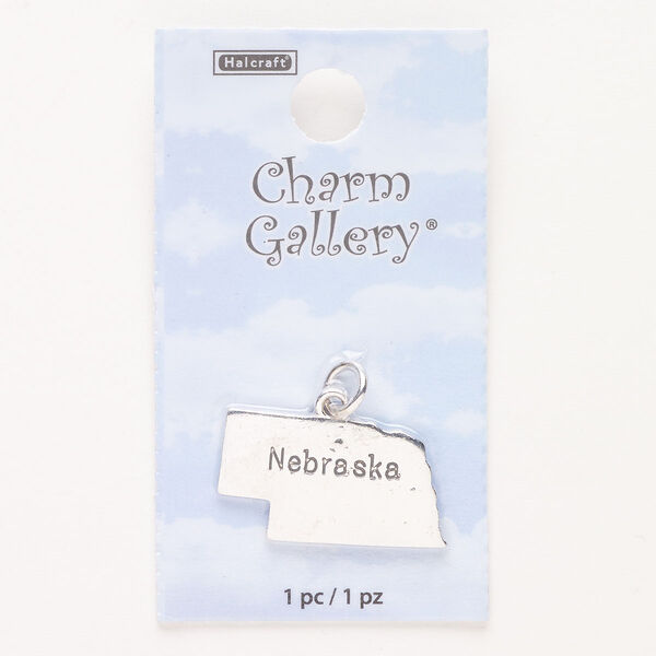 Charm, steel and enamel, pkg/1, silver finish and black, 25x14mm with "Nebraska." image number 0