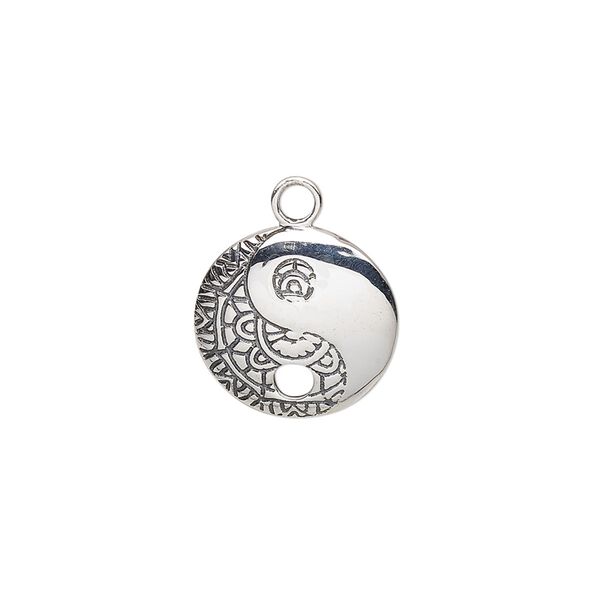 Charm, antiqued sterling silver, 15mm single-sided domed round with yin-yang and mandala designs and 2.7mm bottom hole. Sold individually. image number 0
