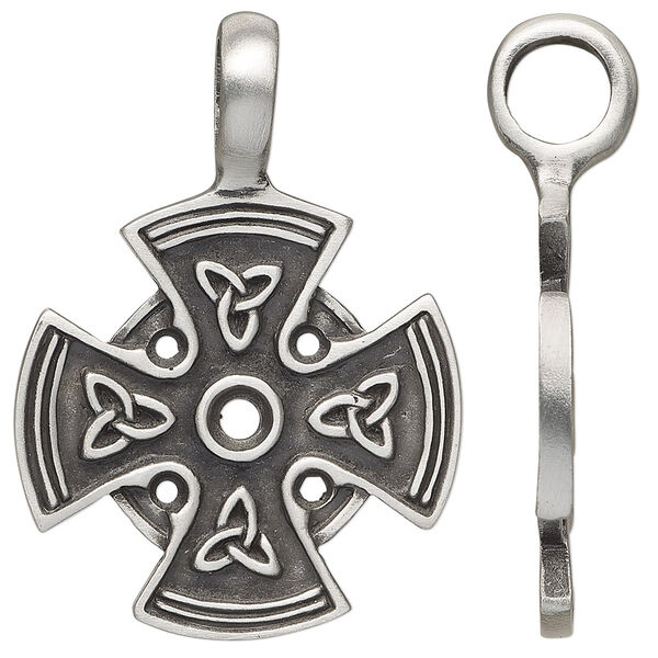 Pendant, antiqued pewter (tin-based alloy), 42x30mm single-sided cross with trinity knot design. Sold individually. image number 0