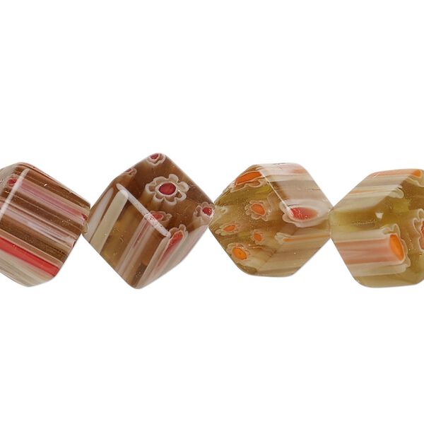 Bead, millefiori glass, amber, 13-15mm diagonally drilled cube with flower and stripe design. Sold per 14-inch strand. image number 0