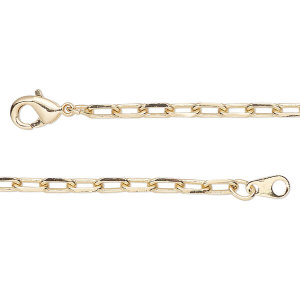 Chain, gold-finished brass, 3mm paperclip, 36 inches with lobster claw clasp. Sold individually. image number 0