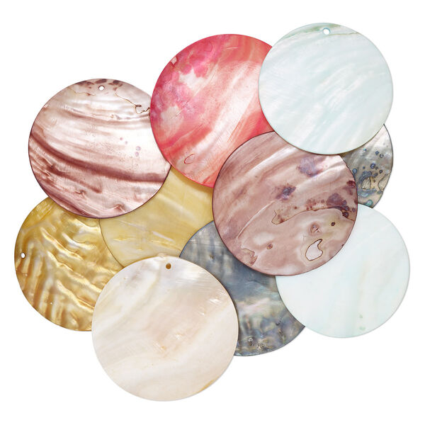 Focal, mother-of-pearl shell (natural / dyed), multicolored, 59-65mm round, Mohs hardness 3-1/2. Sold per pkg of 10. image number 0
