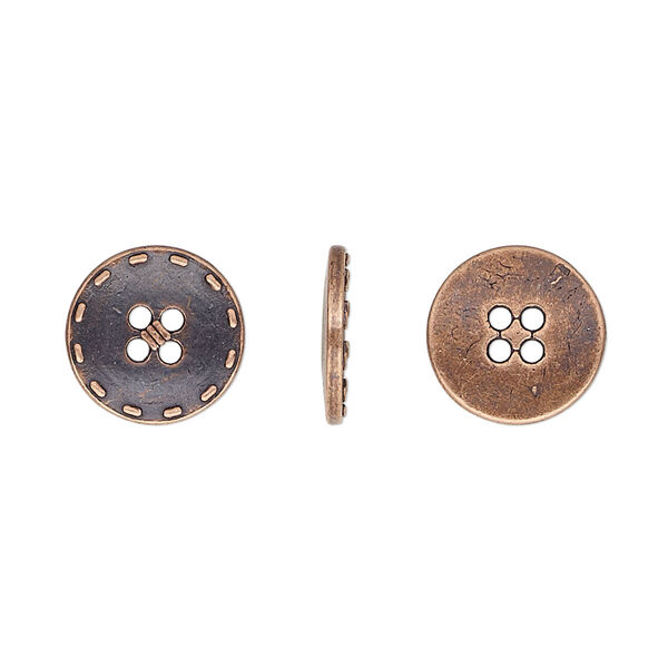 Button, antiqued copper-finished "pewter" (zinc-based alloy), 12mm single-sided flat round with stitched edge. Sold per pkg of 50. image number 0