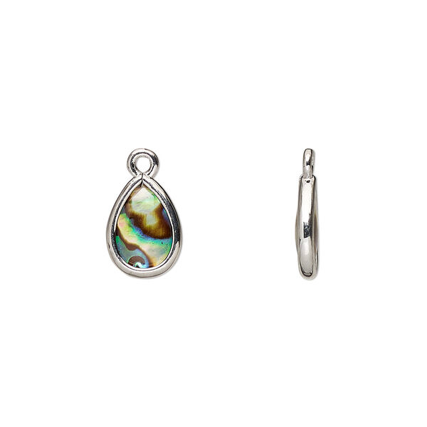 Drop, paua shell and imitation rhodium-finished brass (assembled), 10.5x7mm-11.5x8mm double-sided teardrop. Sold per pkg of 4. image number 0