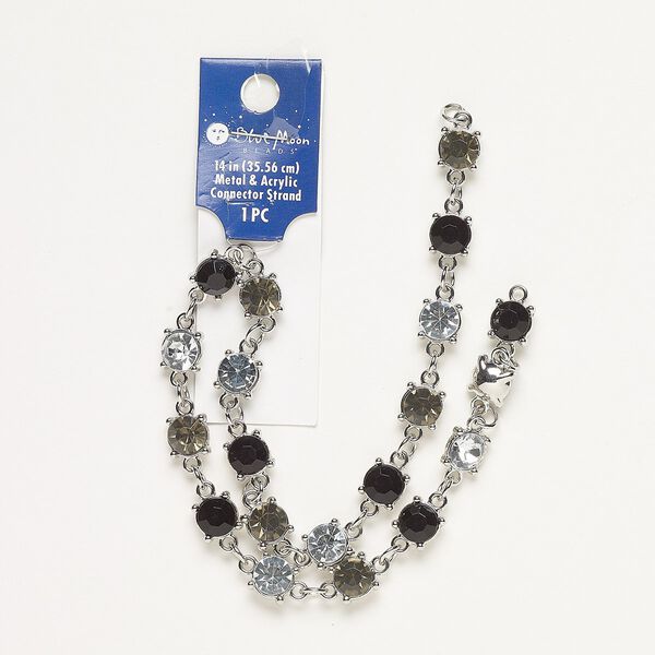 Necklace component, acrylic / silver-finished "pewter" (zinc-based alloy) / steel, black / clear / smoky topaz, 9mm faceted round, 14 inches. Sold individually. image number 0