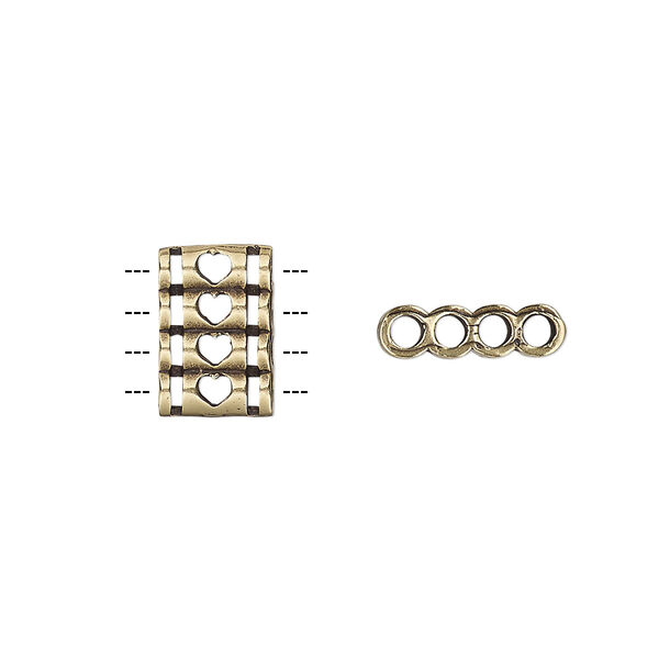 Spacer, antiqued brass, 12.5x8.5mm double-sided 4-strand quadruple round tube with heart cutout design, fits up to 2mm bead. Sold individually. image number 0