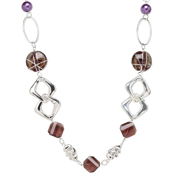 Necklace, lampworked glass and silver-plated steel and plastic, purple with copper-plated glitter, 35x33mm flat round, 36-inch continuous loop. Sold individually. image number 0