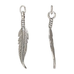 Focal, sterling silver, 30x7mm slim feather, double-sided. Sold per pkg of 2.