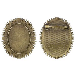 Brooch back, glue-in, antique brass-finished "pewter" (zinc-based alloy), 35.5x29.5mm single-sided oval with textured edge with 25x18mm oval setting. Sold per pkg of 2.