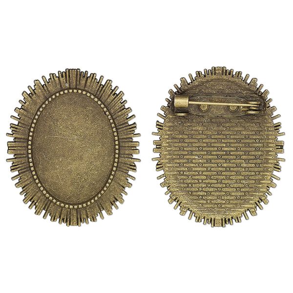 Brooch back, glue-in, antique brass-finished "pewter" (zinc-based alloy), 35.5x29.5mm single-sided oval with textured edge with 25x18mm oval setting. Sold per pkg of 2. image number 0