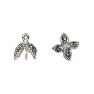 Cup, marcasite (natural) and antiqued sterling silver, 13.5x13mm four leaves with 0.8mm twisted peg, fits 10-12mm bead. Sold individually.