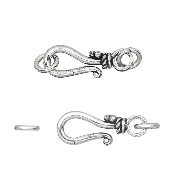 Clasp, hook-and-eye, antique silver-plated white brass, 17x9mm with rope design and 2 jumprings. Sold per pkg of 4. image number 0