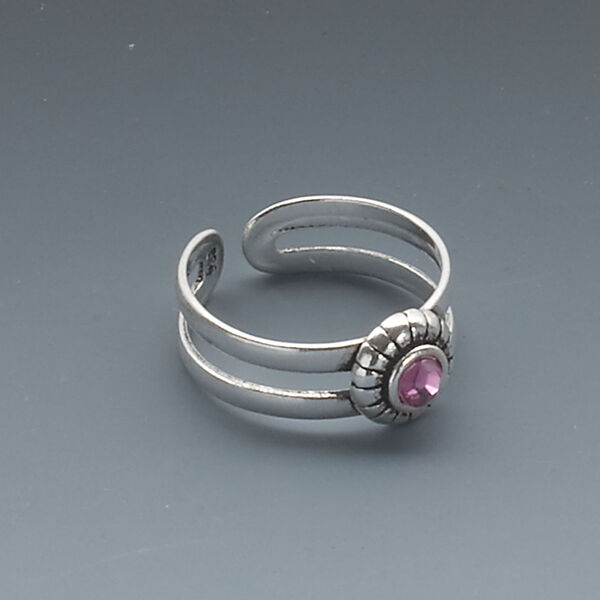 Toe ring, antiqued sterling silver and crystal, rose, 14x7mm flower design, adjustable. Sold individually. image number 0