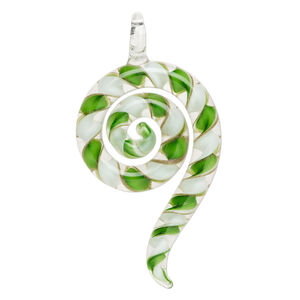 Focal, lampworked glass 1pkg1, translucent and transparent green / white / clear with copper-colored glitter, 3x1.5 inch swirl.