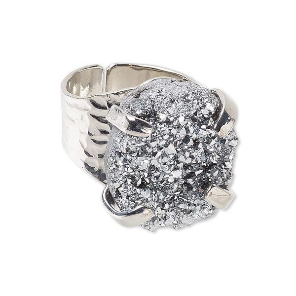 Ring, electroplated druzy agate (coated) and imitation rhodium-plated brass, silver, hammered band with 24x18mm-27x21mm hand-cut freeform, adjustable. Sold individually. image number 0