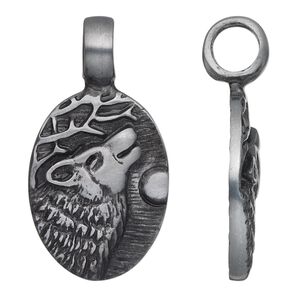 Pendant, "pewter" (zinc-based alloy), 40x21mm single-sided oval with howling wolf. Sold individually.