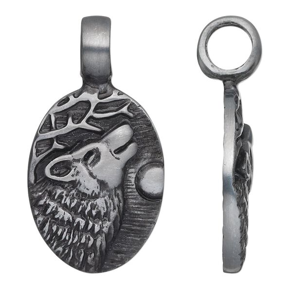 Pendant, "pewter" (zinc-based alloy), 40x21mm single-sided oval with howling wolf. Sold individually. image number 0