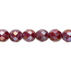 Bead, Czech fire-polished glass, opaque red nebula, 8mm faceted round. Sold per 15-1/2" to 16" strand.
