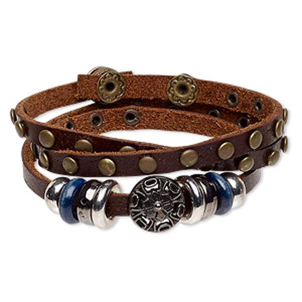 Bracelet, wrap, leather / wood (dyed) / gunmetal-coated plastic / gunmetal- / antique brass-plated steel / "pewter" (zinc-based alloy), multicolored, 15mm wide with 15mm round, adjustable at 6-1/2 and 7 inches with snap closure. Sold individually. image number 0
