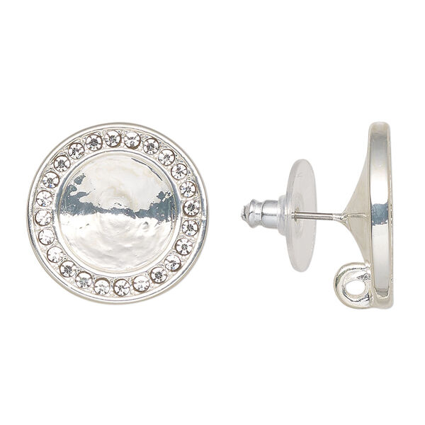 Earstud, Almost Instant Jewelry®, cubic zirconia / silver-finished "pewter" (zinc-based alloy) / plastic, clear, 19mm round with 12mm rivoli setting and hidden closed loop. Sold per pair. image number 0