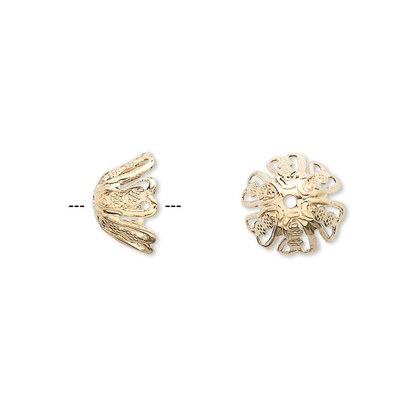 Bead cap, gold-finished brass, 11x6mm textured flower with cutouts, fits 10-12mm bead. Sold per pkg of 100. image number 0