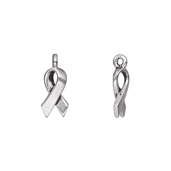 Charm, TierraCast®, antique silver-plated pewter (tin-based alloy), 13x7mm double-sided awareness ribbon. Sold per pkg of 20. image number 0