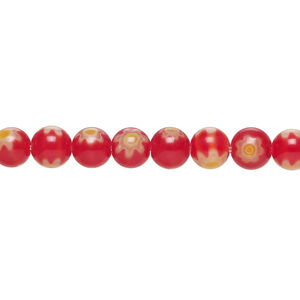 Bead, millefiori glass 1pkg1, translucent dark red / yellow / white, 6mm round, 15 inches.