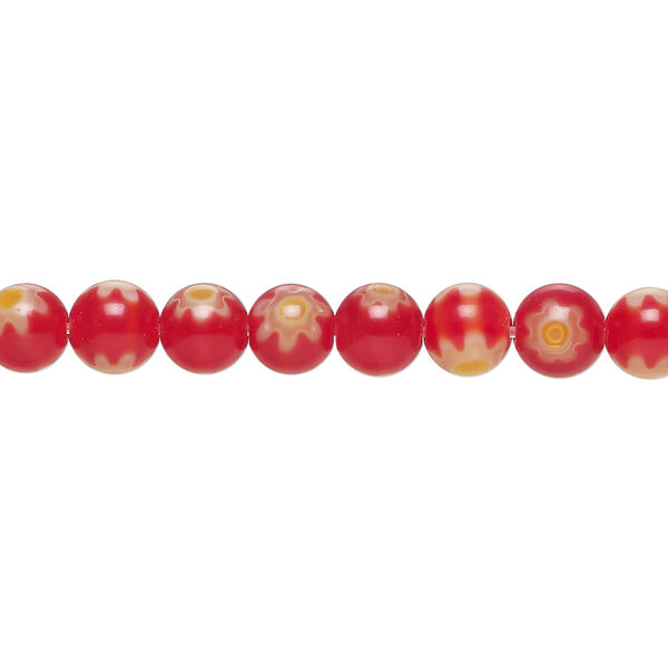 Bead, millefiori glass 1pkg1, translucent dark red / yellow / white, 6mm round, 15 inches. image number 0