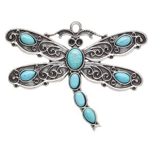 Focal, antique silver-finished "pewter" (zinc-based alloy) and "turquoise" (resin) (imitation), turquoise blue, 59x42mm single-sided dragonfly. Sold individually.