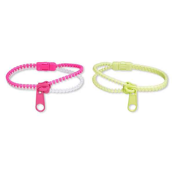 Bracelet, plastic and "pewter" (zinc-based alloy), neon pink / white / neon green, 12mm wide with zipper, 7 inches. Sold per pkg of 2. image number 0