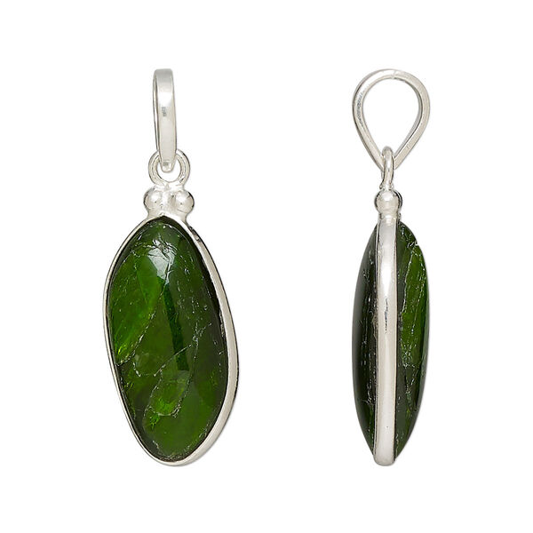 Pendant, chrome diopside (natural) and sterling silver, 20x11mm-23x12mm double-sided freeform. Sold individually. image number 0